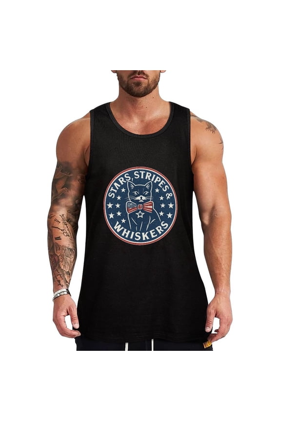 Patriotic Cat Men's Tank Tops - 100% Cotton Sleeveless Undershirts - Black Small