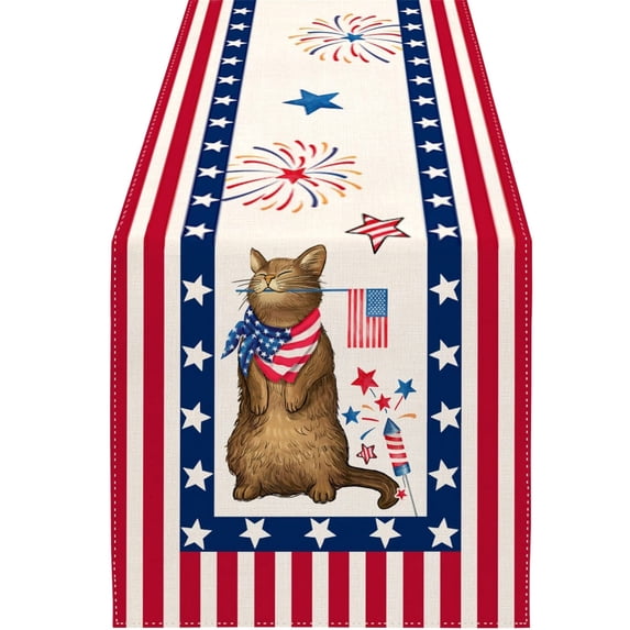 Patriotic Cat Table Runner with American Flag Design Perfect for 4th of July, Memorial Day, and Independence Day Decor