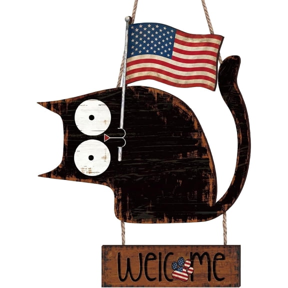 Patriotic Cat Welcome Sign Wooden Hanging Decor 4th Of July Front Door Hanger With American Flag For Home Porches Walls Windows（Black）