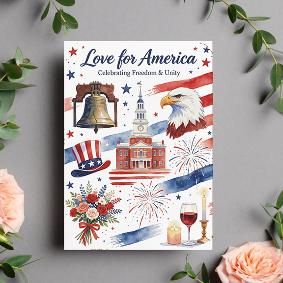 Patriotic Celebration Greeting Card for Freedom and Unity with Eagle and Fireworks Design