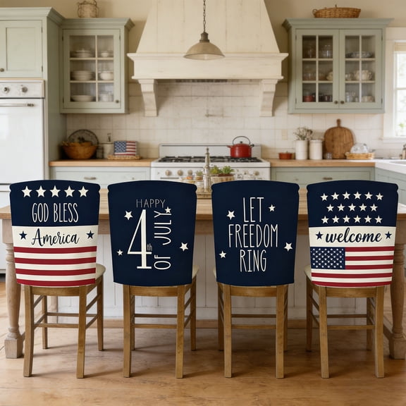 Patriotic Chair Covers Set with Independence Day Theme, Four-Piece Decor Collection for Dining Room and Party Decorations, Festive Chair Back Covers for Holiday Celebrations and Gatherings