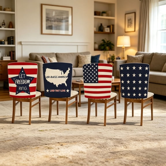 Patriotic Chair Covers Set with Independence Day Theme, Four-Piece Decor Collection for Dining Room and Party Decorations, Festive Chair Back Covers for Holiday Celebrations and Gatherings