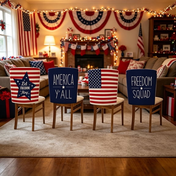 Patriotic Chair Covers Set with Independence Day Theme, Four-Piece Decor Collection for Dining Room and Party Decorations, Festive Chair Back Covers for Holiday Celebrations and Gatherings