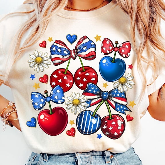Patriotic Cherries Shirt, Cute 4th of July Bow, Red White Blue Cherry Shirt Graphic, Americana Daisy Summer Clipart