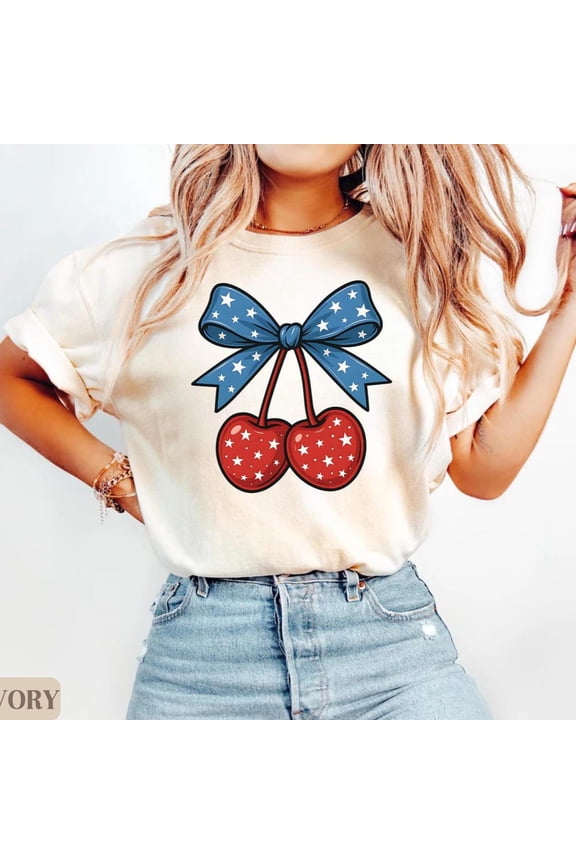 Patriotic Cherry Shirt, July 4Th Graphic Tee, Red White Blue Bow Cherries Shirt, Summer Usa Shirt, Womens Fourth Of July Tee Gift Plus Sizes Unisex S-5XL Hot Trending Shirt, Vintage Birthday Gift
