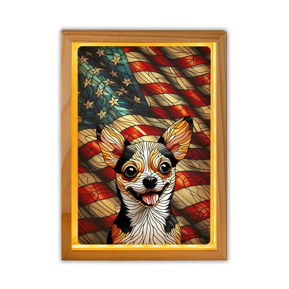 Patriotic Chihuahua Stained Glass Portrait American Flag Acrylic Plaque with Wood Photo Frame Box Dog Lover Gifts Idea Light Box - 01010