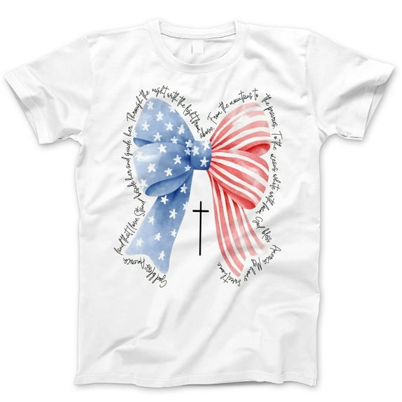 Patriotic Christian Bow T-Shirt – USA Flag Stars & Stripes Cross Tee – Faith-Based 4th of July Shirt for Women or Girls, Religious American Flag Independence Day Top