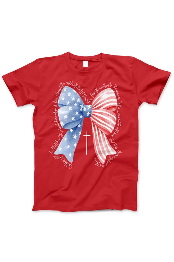 Patriotic Christian Bow T-Shirt – USA Flag Stars & Stripes Cross Tee – Faith-Based 4th of July Shirt for Women or Girls, Religious American Flag Independence Day Top