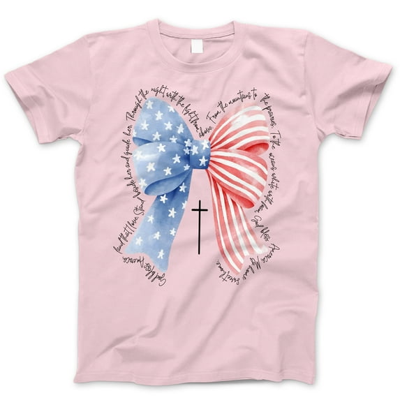 Patriotic Christian Bow T-Shirt – USA Flag Stars & Stripes Cross Tee – Faith-Based 4th of July Shirt for Women or Girls, Religious American Flag Independence Day Top