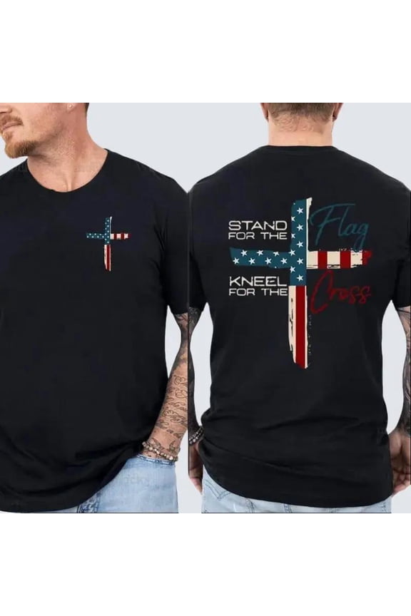 Patriotic Christian Faith T-Shirt – Stand for Flag Kneel for Cross Religious Shirt | American Pride Cross Design Tee for Men | Conservative Christian Cotton Clothing