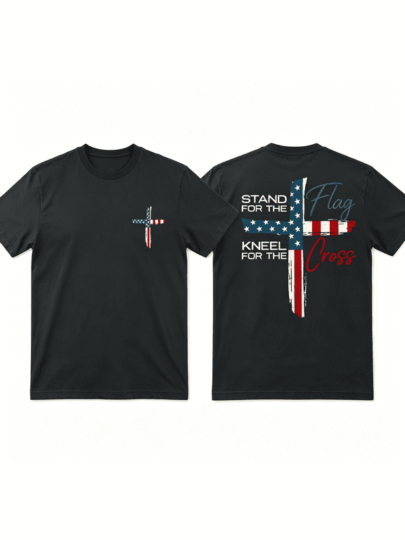 Patriotic Christian Faith T-Shirt – Stand for Flag Kneel for Cross Religious Shirt | American Pride Cross Design Tee for Men