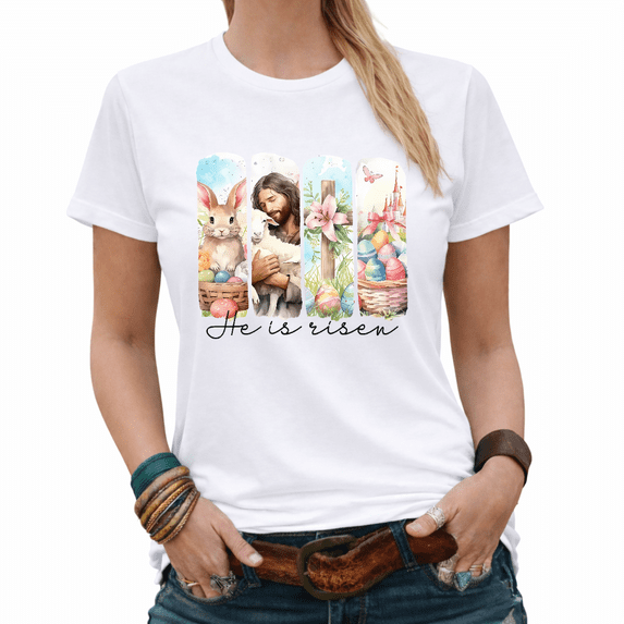 Patriotic Christian He is Risen Watercolor Easter Graphic Tees Women's Spring Tshirt Tops S-5XL