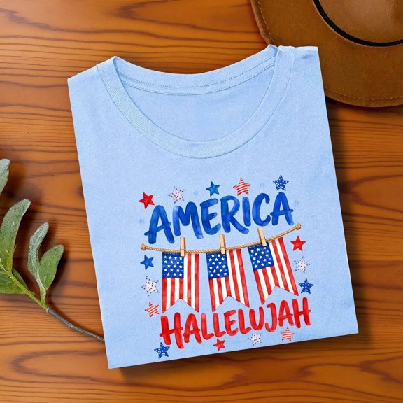 Patriotic Christian Shirt America Hallelujah Graphic Tee Fourth Of July USA Flag Faith Fre