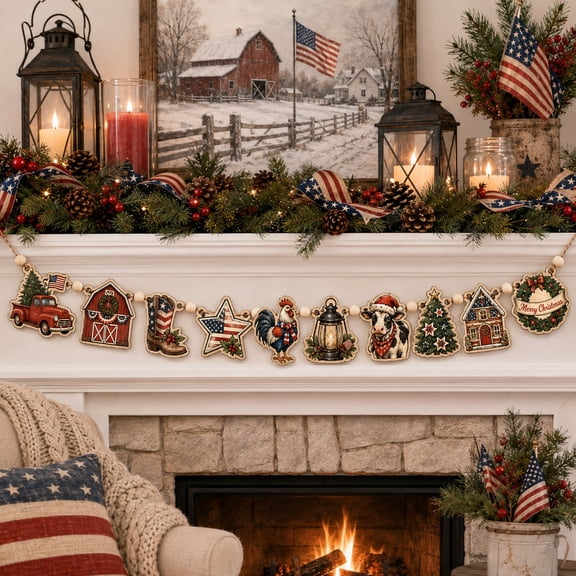 Patriotic Christmas Farmhouse Wooden Ornament Garland for Rustic Holiday Mantel Decor