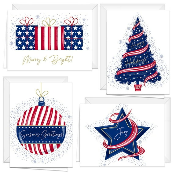 Patriotic Christmas New Years Cards / 24 Winter Holiday Greeting Card Pack With White Envelopes / 4 Seasonal American Designs With Verses Inside / 4 5/8" x 6 1/4" Red White Blue Notes / Made In USA