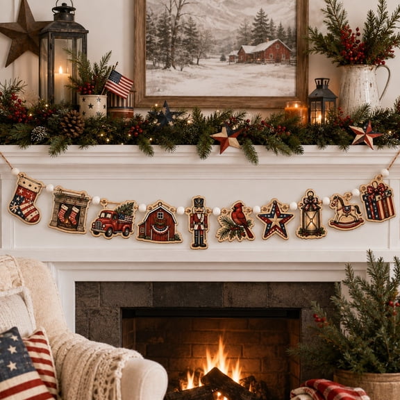 Patriotic Christmas Stockings Wooden Ornament Garland for Holiday Mantel Decor