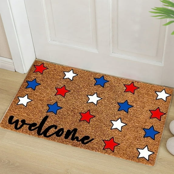 Patriotic Coir Door Mat 4th of July Red Blue Star Welcome Mat Non-Slip Independence Day Entrance Door Rugs for Indoor Outdoor Home Bathroom Decor, 23.62x15.74in