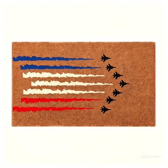Patriotic Coir Doormat with Fighter Jet Flag Design, Non Slip Heavy Duty Door Mat for Front Door Outdoor Entryway, Independence Day 4th of July Welcome Mat