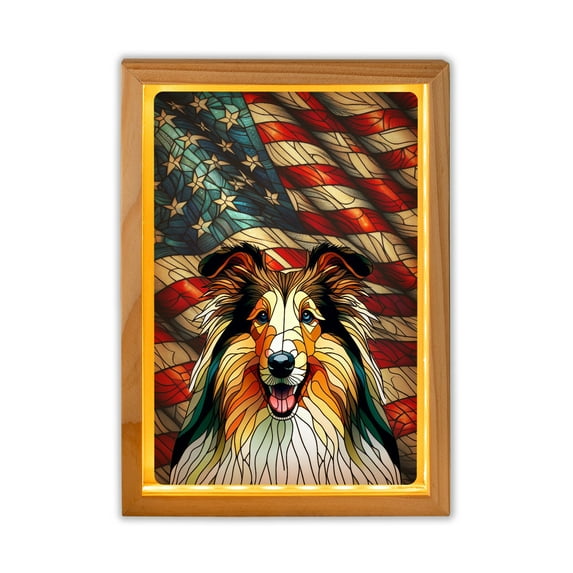 Patriotic Collie Stained Glass Portrait American Flag Acrylic Plaque with Wood Photo Frame Box Collie Dog Lover Gifts Idea Light Box - 01010