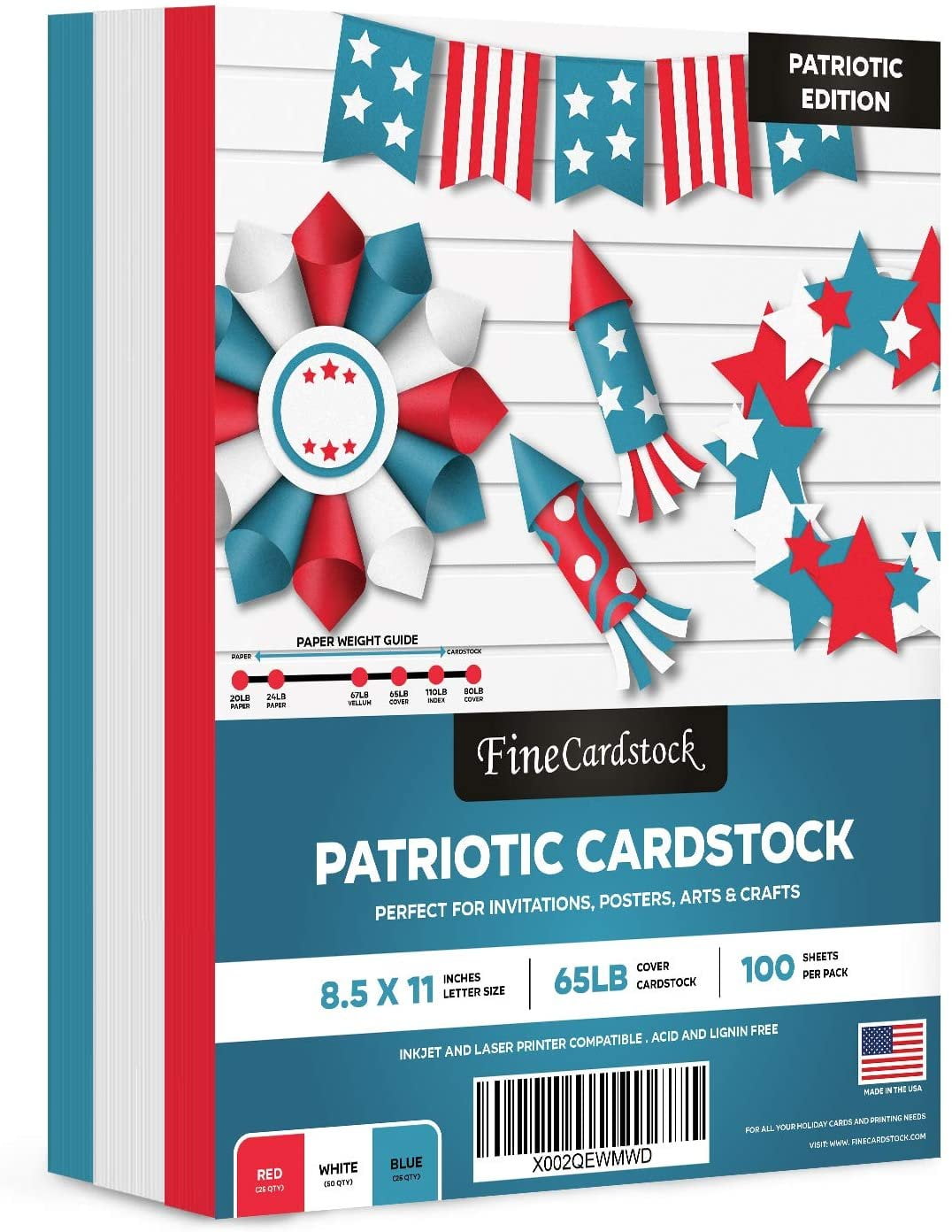 Patriotic Colored Card Stock Paper, American Red Blue & White 8.5 x 11" Color Cardstock for 4th of July, Labor Day Greetings & Invitations, Arts & Crafts | 25 Blue, 25 Red, 50 White (100 Total)