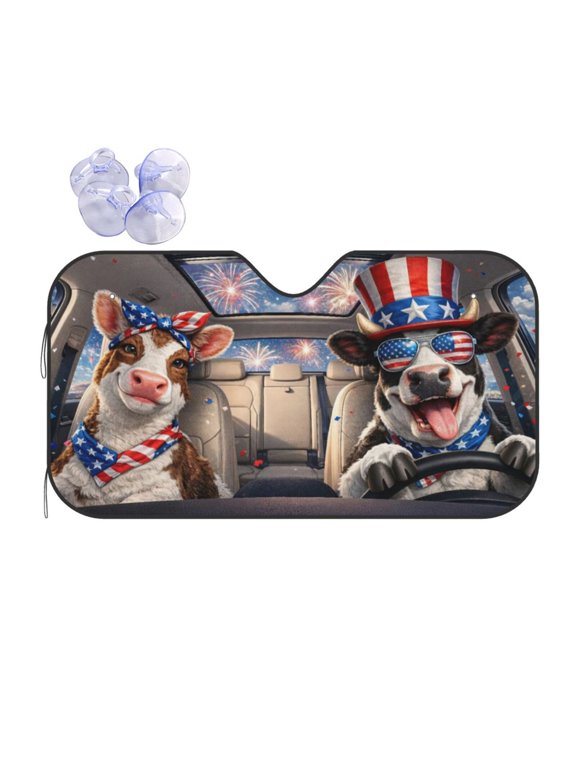 Patriotic Cow Car Windshield Sunshade, USA Flag Bandana Sunglasses Uncle Sam Hat Cattle Design Foldable Auto Sun Shade Visor UV Protection for SUV Sedan Truck Van