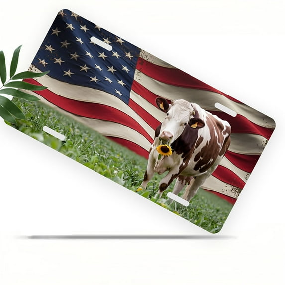 Patriotic Cow and US Flag Funny Personalized License Plate Rust-proof Stainless Steel Metal License Plate Suitable For Men And Women 12.2" x 6.2"