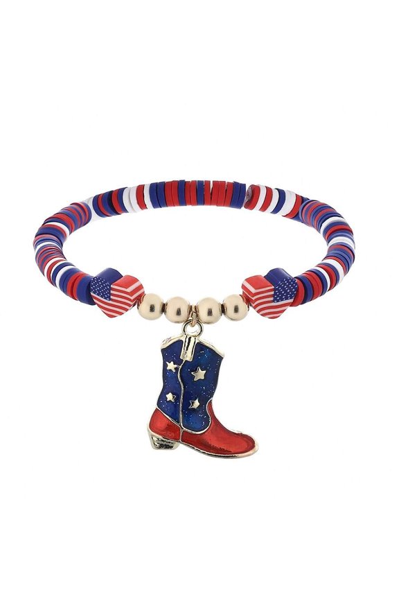 Patriotic Cowboy Boot Charm Stretch Beaded Bracelet - Color 17