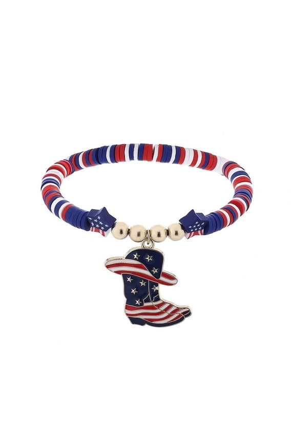 Patriotic Cowboy Boot Charm Stretch Beaded Bracelet - Color 7