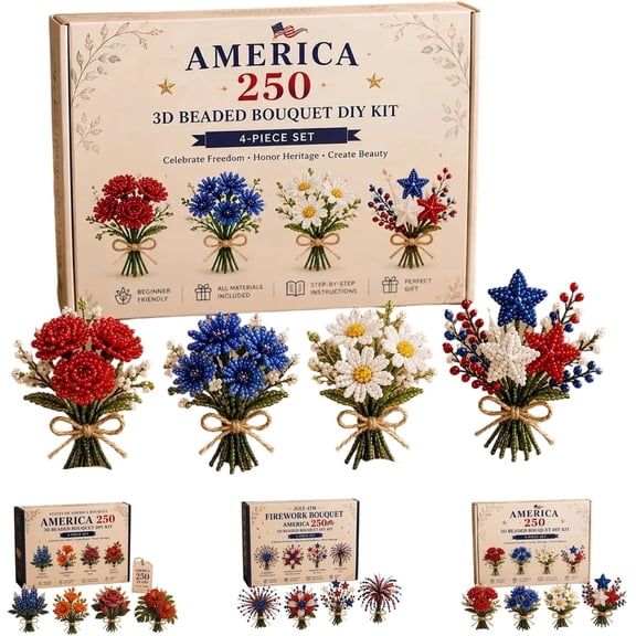 Patriotic Craft Kit for Adults, 4th of July America 250 Beaded Flower Bouquet Set, 4 Pack Red White Blue DIY