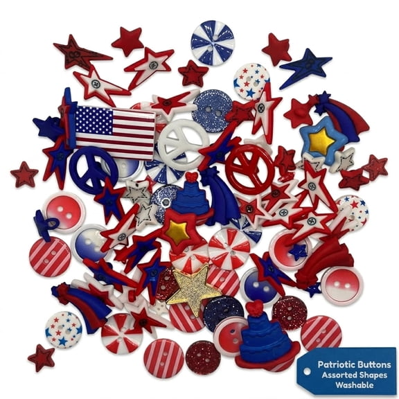 Patriotic Craft & Sewing Buttons 50 Piece Red White & Blue Button Assortment