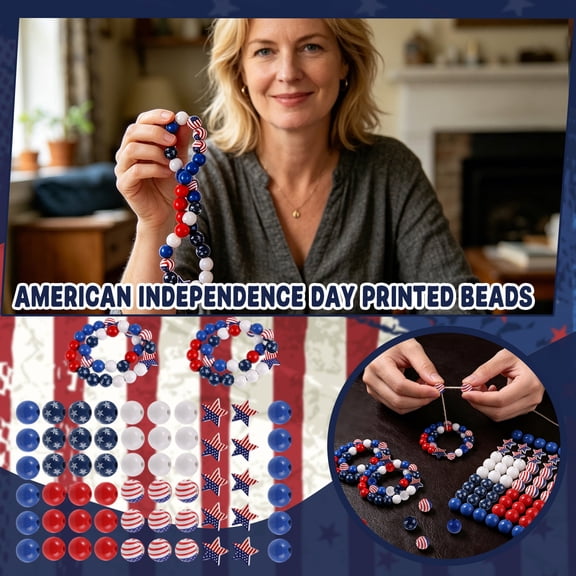 Patriotic Craft Supplies, 4Th of July Decorations, Red White and Blue Beads, Wooden Beads for Crafts, Beads for Jewelry Making, 45Pcs American Flag Star Printed Wood Beads Set for
