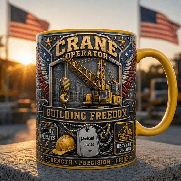 Patriotic Crane Operator 3D Effect Mug, Construction Building Freedom Coffee Cup Gift