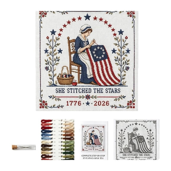 Patriotic Cross Stitch Kit – "She Stitched the Stars" 250th Anniversary Embroidery Set, 1776-2026 Commemorative Needlepoint, Complete DIY Craft Kit with Pattern, Thread & Needles for Adults