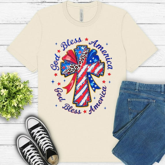 Patriotic Cross T-Shirt | God Bless America Christian USA Flag Tee , Natural, S