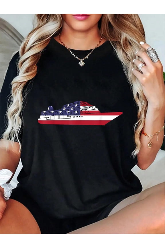 Patriotic Cruising American Cruise Ship Captain T-Shirt - 100% Cotton T Shirts for Women, Summer Tops Clothes,Suitable For All Seasons