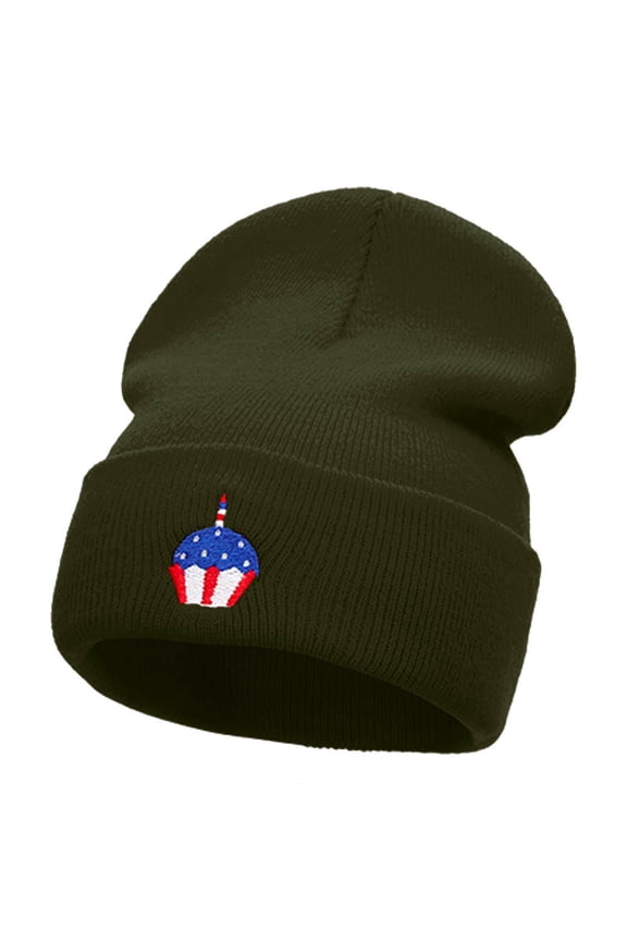 Patriotic Cupcake Embroidered 12 Inch Long Knitted Beanie - Olive OSFM