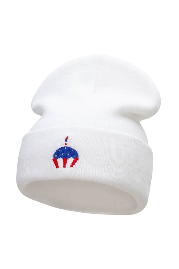 Patriotic Cupcake Embroidered 12 Inch Long Knitted Beanie - White OSFM