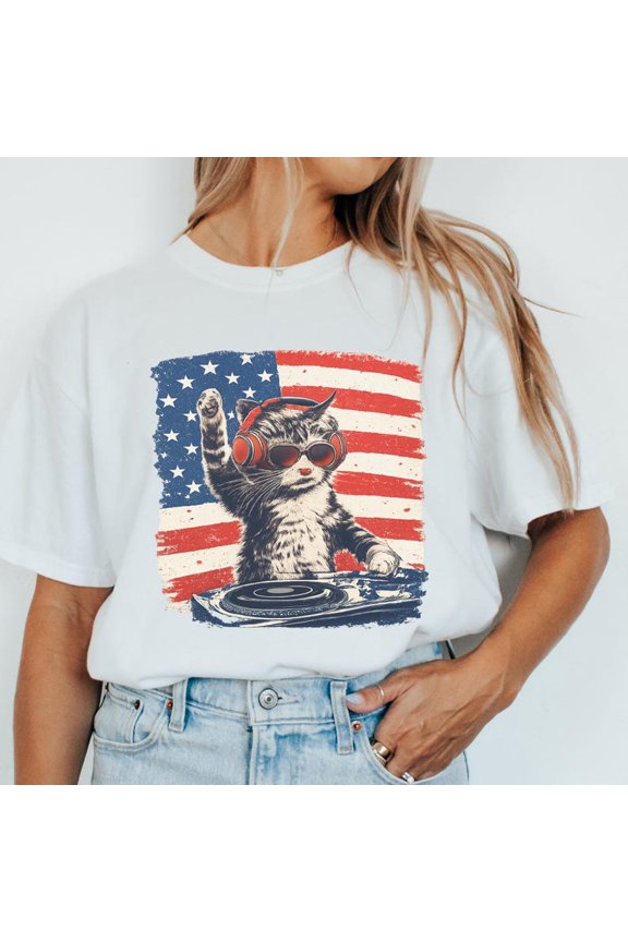 Patriotic DJ Cat Graphic T-Shirt, Cat Wearing Headphones Mixing Turntable With American Flag Design, Unisex Cotton T-Shirt, Size S-5XL