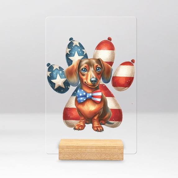 Patriotic Dachshund 4th of July Independence Paws Acrylic Plaque Sign Ashwood Base Wiener Dog Lover Gifts Idea Home Desk Decor - 02010