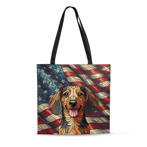 Patriotic Dachshund Stained Glass Portrait American Flag All Over Print 3D Canvas Tote Bag Wiener Dog Lover Gifts Idea Reusable Handbag - 01010