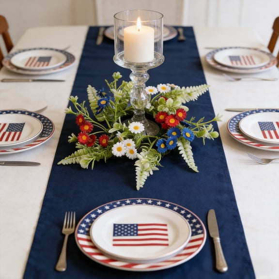 Patriotic Daisy Candle Ring Wreath Red White Blue Artificial Flowers for 4th of July Independence Day Table Centerpiece Mantel Decor