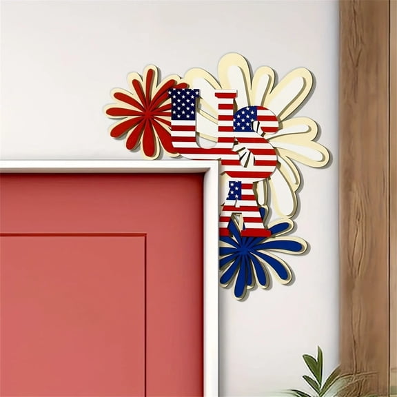 Patriotic Decor, Flower Wall Art, Door Decorations, 14X20 in Timber, 4Th of July Home Decor, Corner Wall Decor, Usa Flag Design, 1 Pc