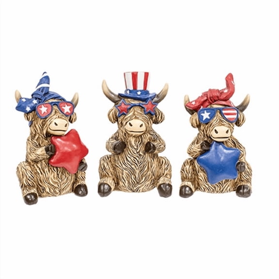 Patriotic Decor - July 4th Resin Highland Cow Lg Figurines 3pc