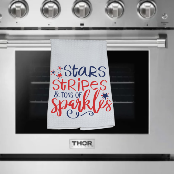 Patriotic Decor Kitchen Dish Towel, Star Stripes & Tons of Sparkles, Tea Towel, Red White And Blue, American Decor