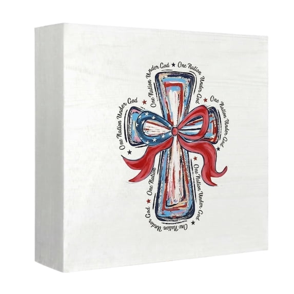 Patriotic Decor, Red WhiteandBlue Decorations, Usa Cross Sign, 4X4inWooden Block, Floral Decor, BlueandWhite Decor, Tabletop Decor, Seasonal Adornment, 1 Pc