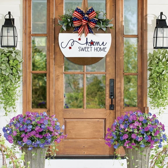 Patriotic Decor Rustic Home Decor, Wall Hanging Decor, Front Door Decorations, Home Sweet Home Sign with Patriotic Bow and Eucalyptus Greenery
