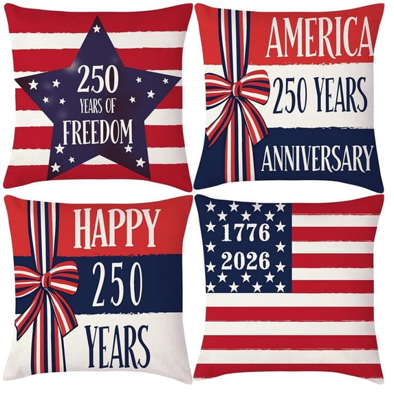 Patriotic Decor-Throw Pillow Covers 18x18 in Set of 4,4th of July Linen Pillow Case for Independence Day,Memorial Day,Veteran's Day,USA,American Summer Outdoor Red White Blue Decorations