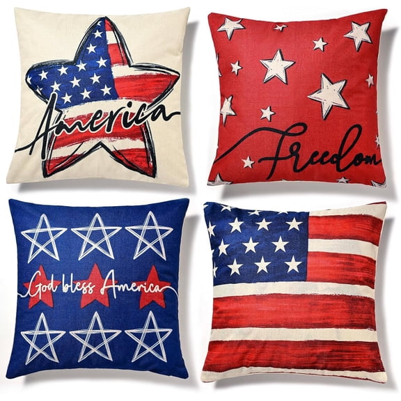 Patriotic Decor-Throw Pillow Covers 18x18 in Set of 4,4th of July Linen Pillow Case for Independence Day,Memorial Day,Veteran's Day,USA,American Summer Outdoor Red White Blue Decorations