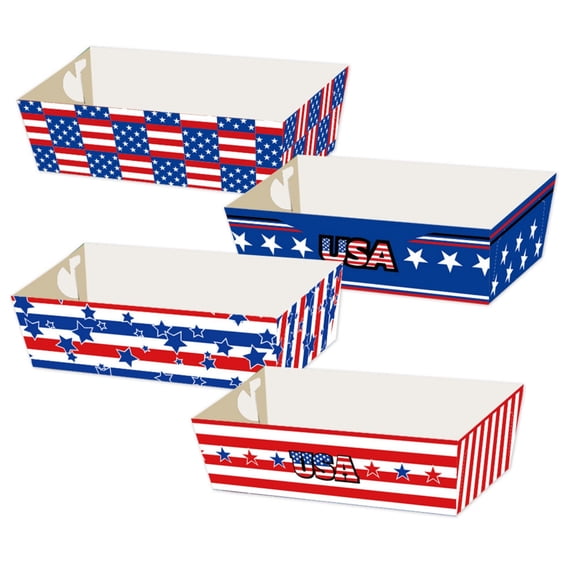 Patriotic Decorations 4pcs Patriotic Disposable Paper Food Trays USA Themed Snack Boxes For Independence Day 4th Of July Party Serving Trays For Food Treats Barbecues Picnics