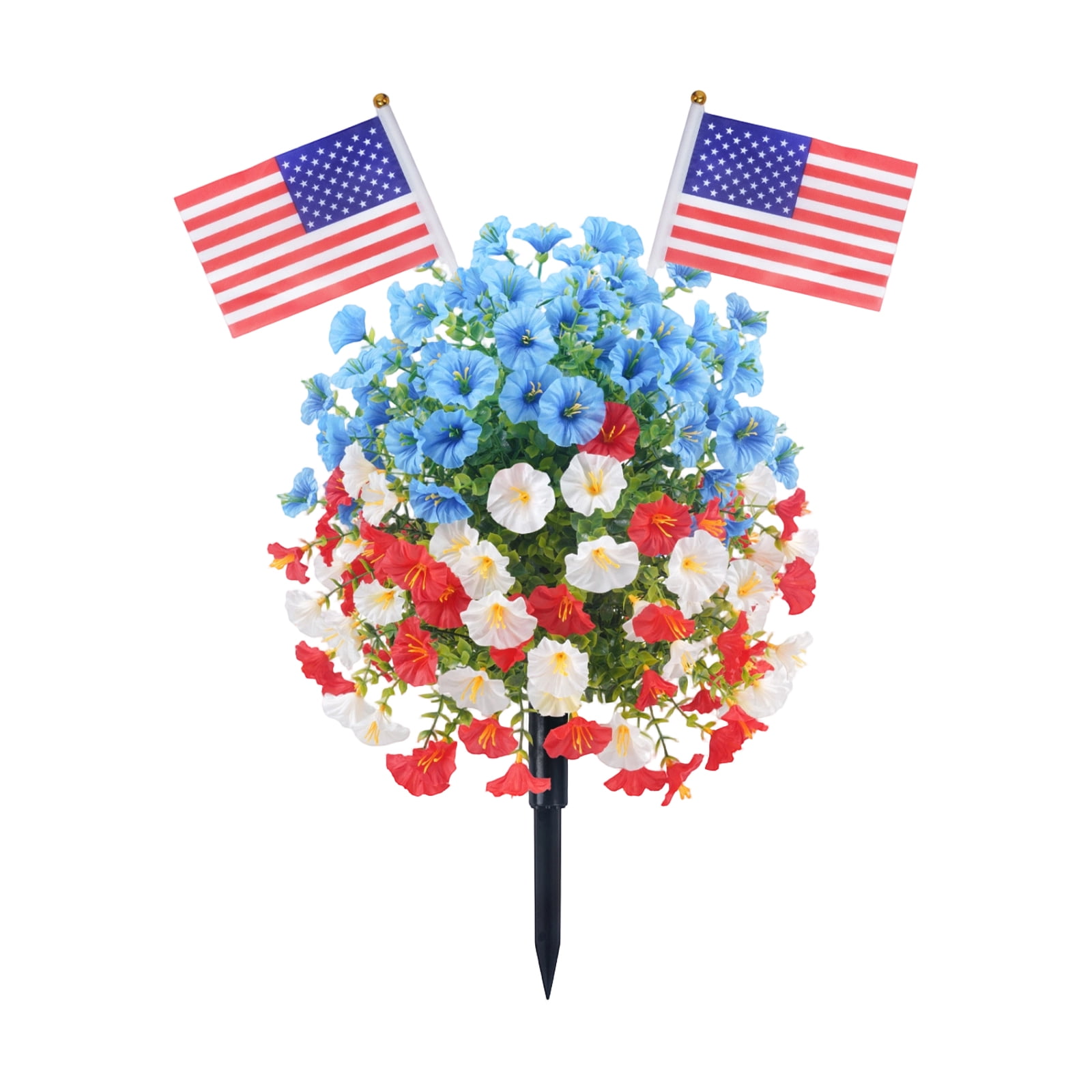 Patriotic Decorations 4th of July Decor Red White Blue Flowers Artificial Topiaries Patriotic Flowers Decor 22" Artificial Petunia Topiary with American Flags for Memorial Day and Yard Decor
